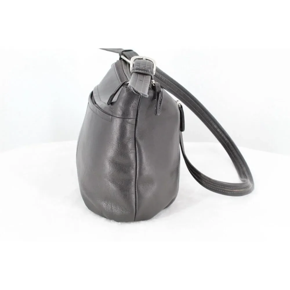 Tignanello Black Leather Shoulder Bag Double Zip Top Crossbody Purse Silver